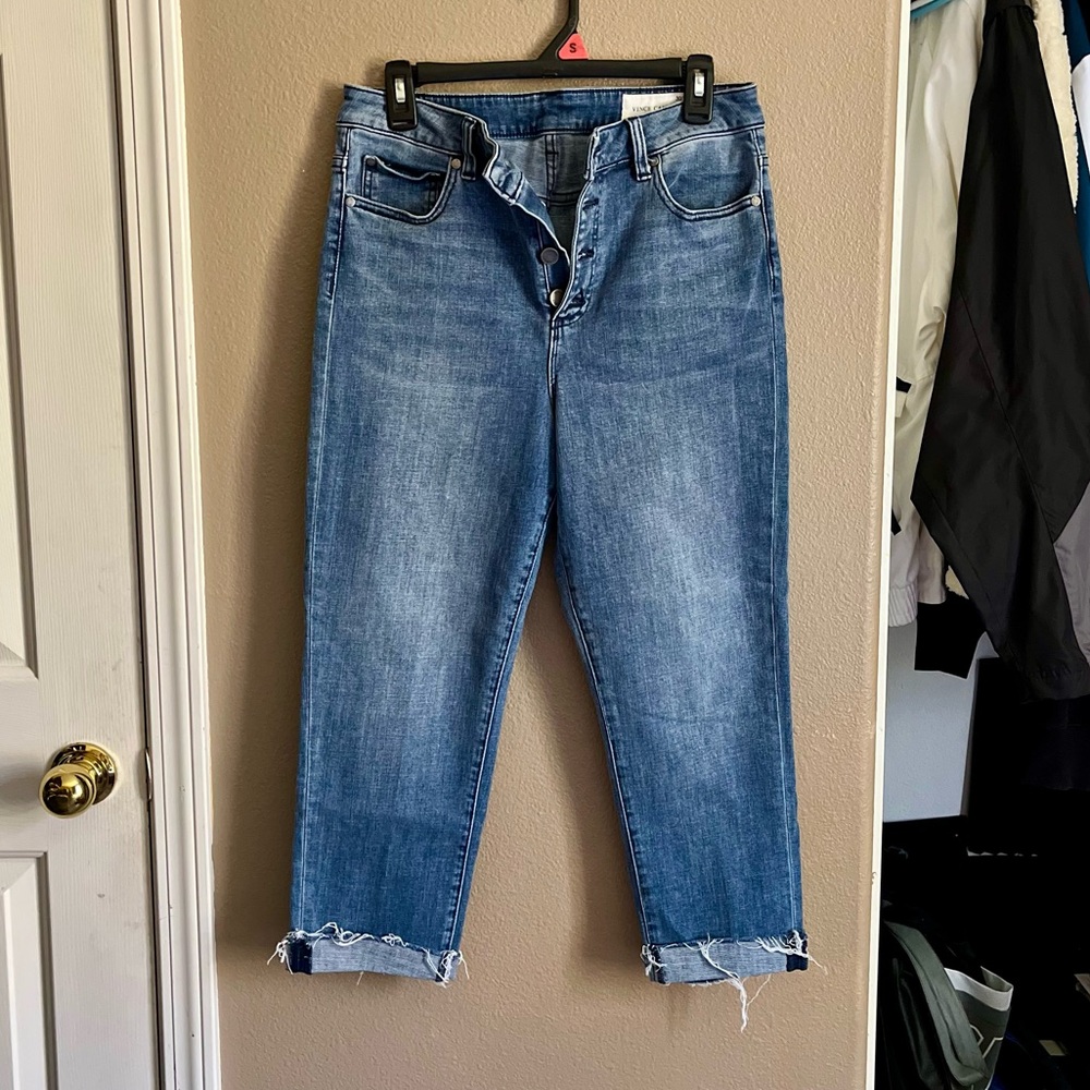 Vince Camuto Blue Ankle Cropped Jeans with Frayed Hem